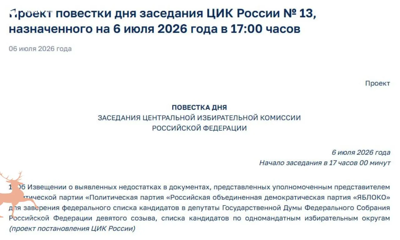 Центризбирком обнаружил нарушения в поданных документах партии «Яблоко». На экстренное заседание 6 июля вынесен вопрос о возможном отказе в регистрации партии на выборах в Госдуму IX созыва.