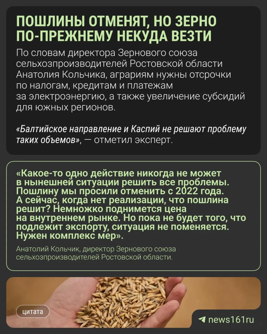 План обнулить экспортные пошлины до конца 2026 года не решает ключевых проблем: задержки в портах, переполненные элеваторы и низкие цены на зерно на внутреннем рынке Ростовской области.